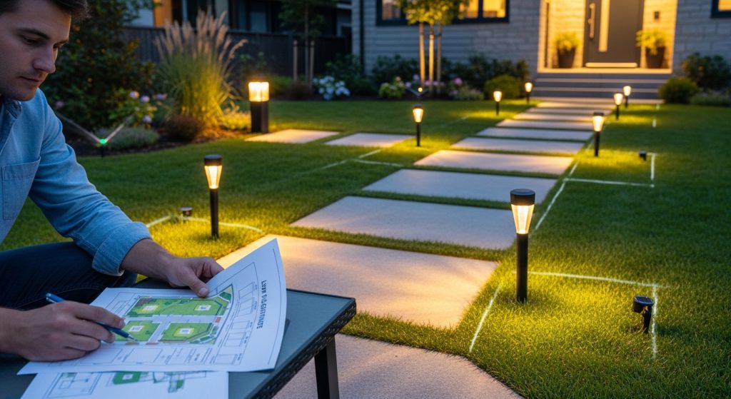What steps should be included in a lawn and pathway lighting plan