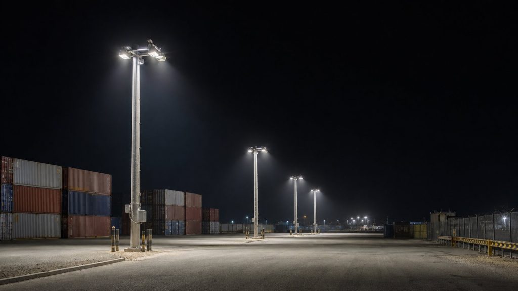 Port yard LED flood lighting in Oman using 200W IP66 fixtures on high poles