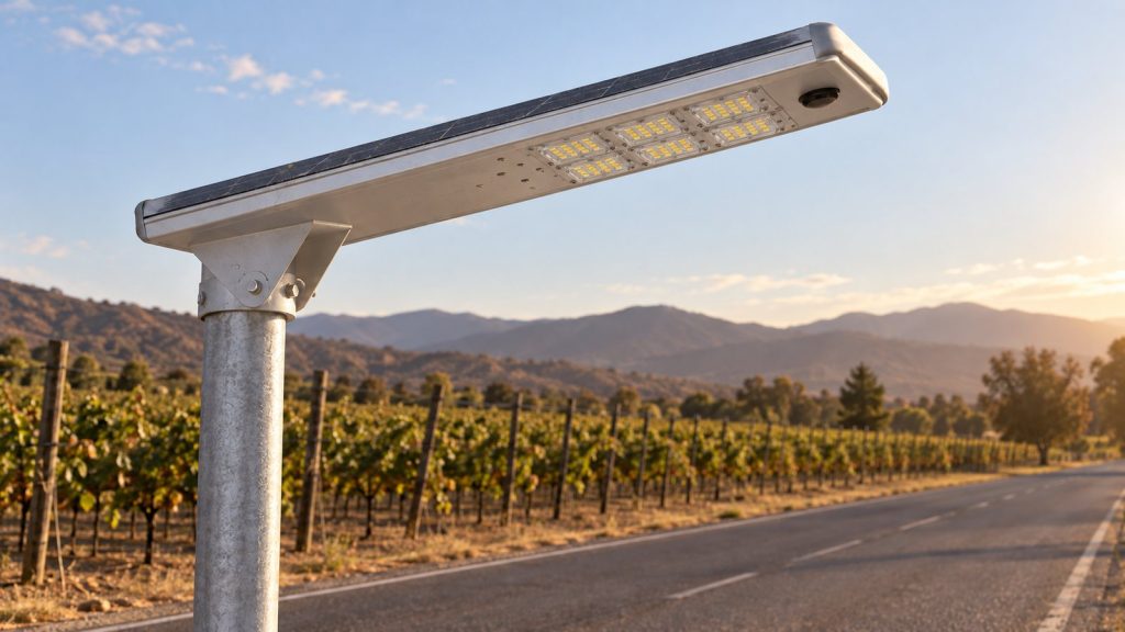 30W all-in-one solar street light installed over a Chilean vineyard access road
