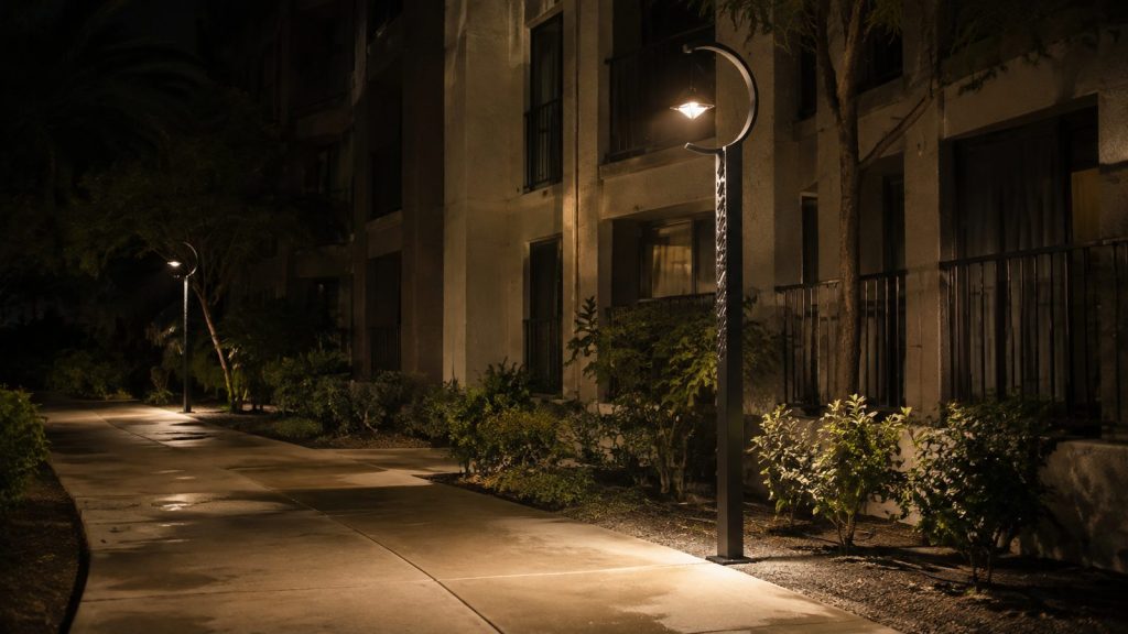 Best outdoor landscape lighting ideas using crescent garden lights along a hotel walkway