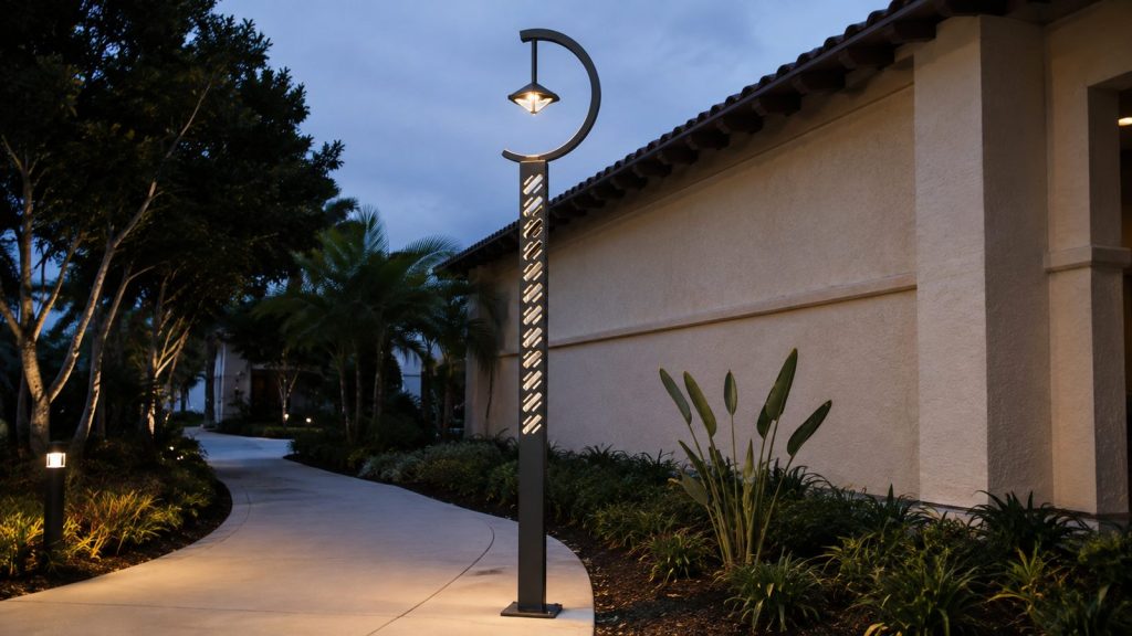 Modern moon type IP65 outdoor garden light installed beside a hotel path