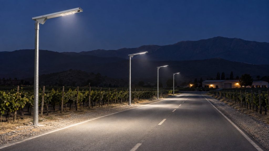 Pathway and garden lighting installation at a Chilean vineyard using 30W all-in-one solar street lights