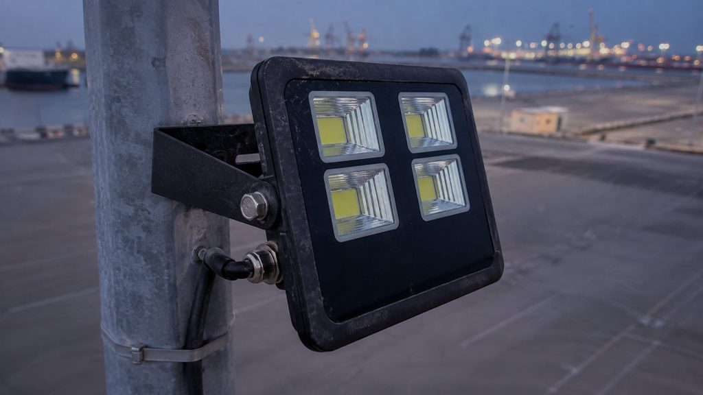 200W IP66 anti-corrosion COB flood light installed on a galvanized port mast in Oman