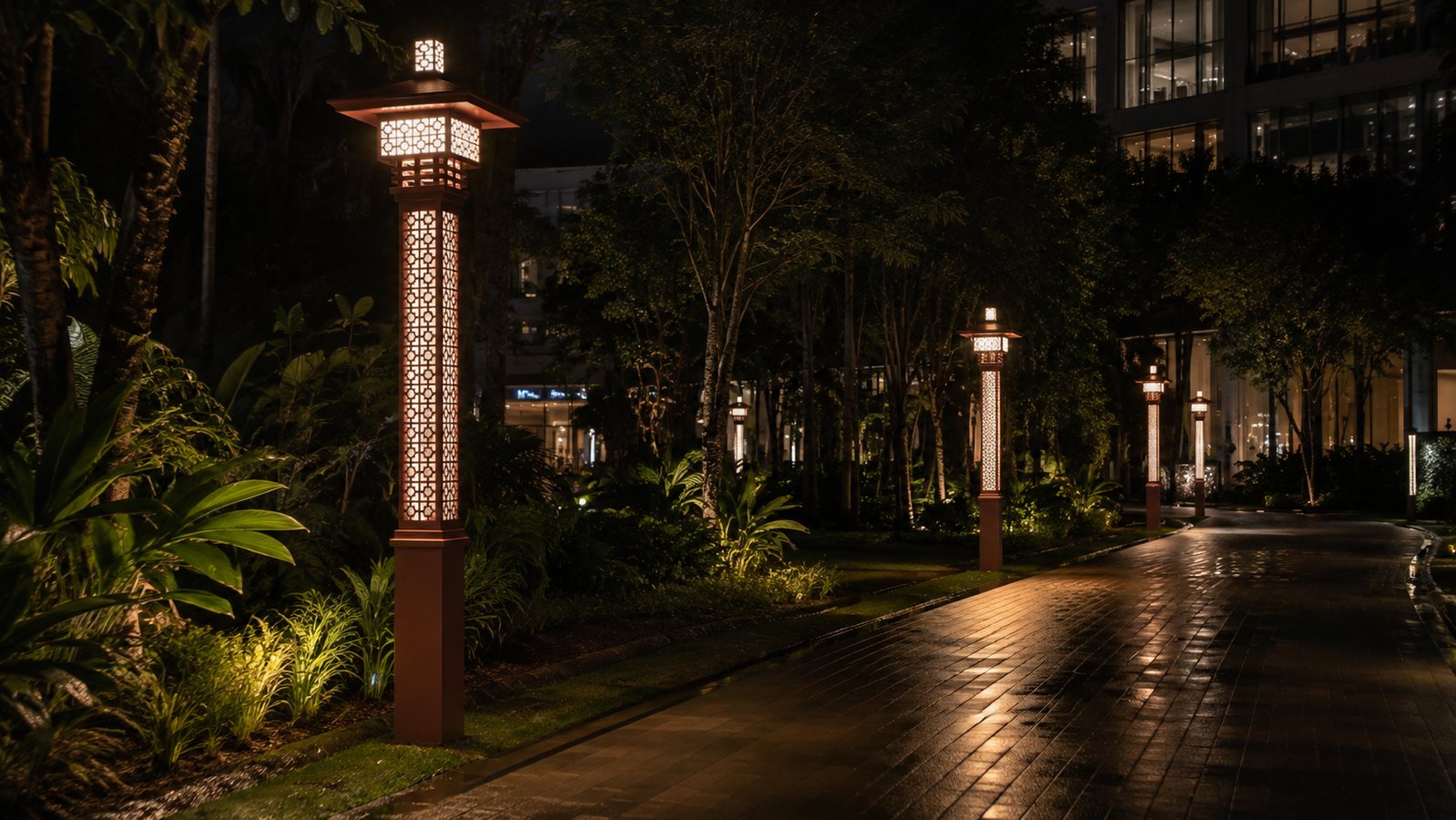 Hotel garden landscape lighting in Singapore using 30W geometric LED poles along a wet guest walkway