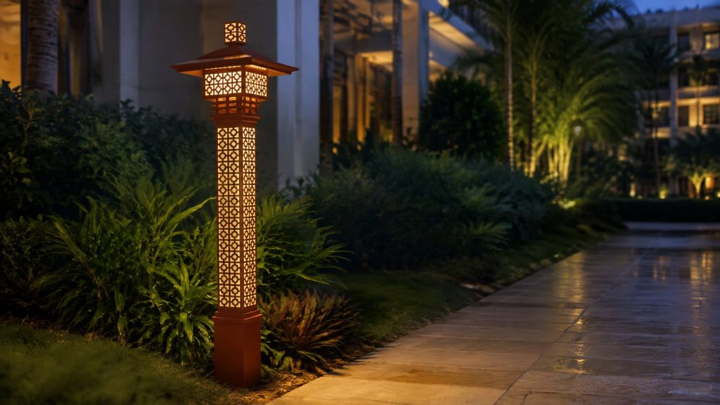 30W geometric LED landscape light installed beside a Singapore hotel garden walkway
